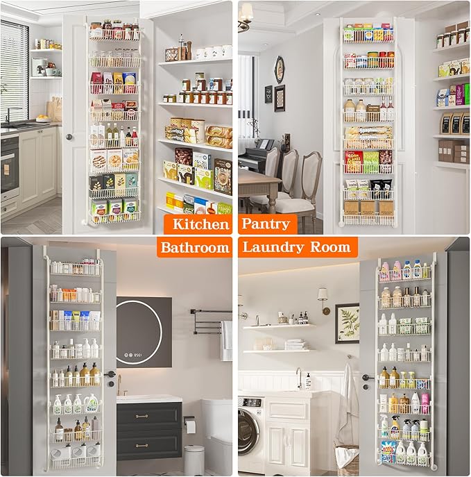 Over the Door Pantry Organizers and Storage, 8-Tier Spice Rack, Home & Kitchen Storage Shelves for Cabinet, Large Capacity Hanging Seasoning Organizer, Laundry Room Organization, White