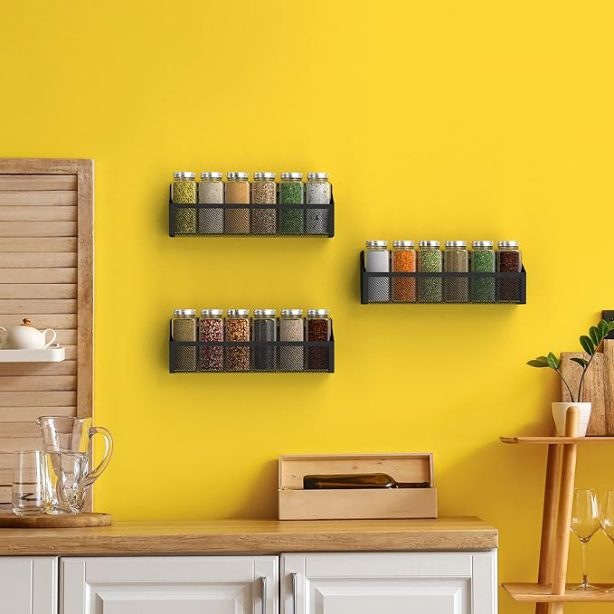 Moforoco 6 Spice Rack Over Door Pantry Organizer for Cabinet Door Wall Mount, Hanging Black Spice Pantry Organization Storage Shelf, Farmhouse Kitchen Seasoning Organizer Cabinet Door