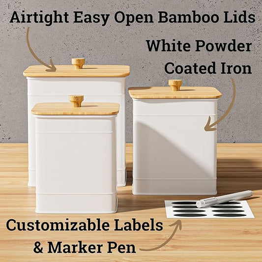 Kitchen Canisters for Countertop Set of 3 with Customizable Chalkboard Labels & Marker Pen - Big Iron Kitchen Canisters with Airtight Lids - White Canister Set - Flour and Sugar Containers Farmhouse