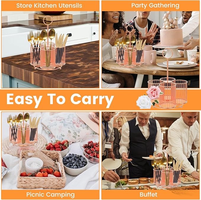 360° Rotating Utensil Caddy 4 Compartment Metal Utensil Organizer with Handle 6.3×6.3×11 Inch Kitchen Utensil Caddy Multifunctional Cutlery Storage Holder Portable Flatware Organizer for Home Party US