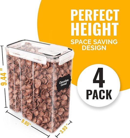 UHS Cereal Containers Storage - 4-Piece Airtight Container Set, Transparent Food Organizers with Lids 4 Liter Reusable Labels & Marker, Clear