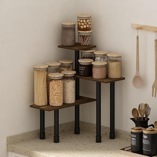 Furinno Turn-N-Tube 3-Tier Multipurpose Corner Countertop Organizer Shelf, Amber Pine/Black