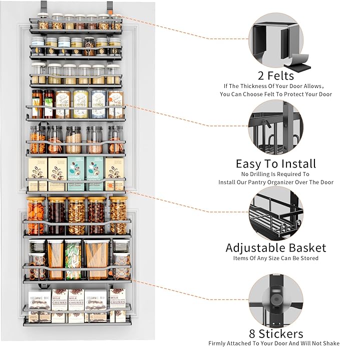 Over The Door Pantry Organizer, 9-Tier Over The Door Organizer with Adjustable Baskets, Metal Hanging Spice Rack for Pantry Organizers and Storage, Suitable for Kitchen Laundry Room & Bathroom, Black