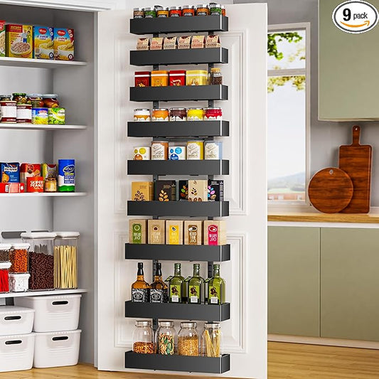 masadi Over The Door Pantry Organizer, 9-Tier Black Pantry Door Organizer, Hanging Spice Rack, Adjustable Pantry Organizers and Storage, Laundry Room Organization for Home & Kitchen Essentials