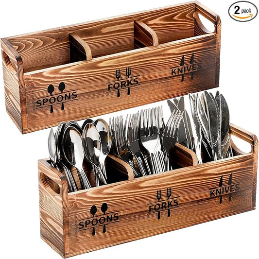 Fasmov 2 Pack Silverware Caddy, Wooden Utensil Caddy Silverware Cutlery Holder with 3 Compartment, Utensil Holder for Spoons, Knives, Forks, Perfect for Kitchen Decor and Countertop