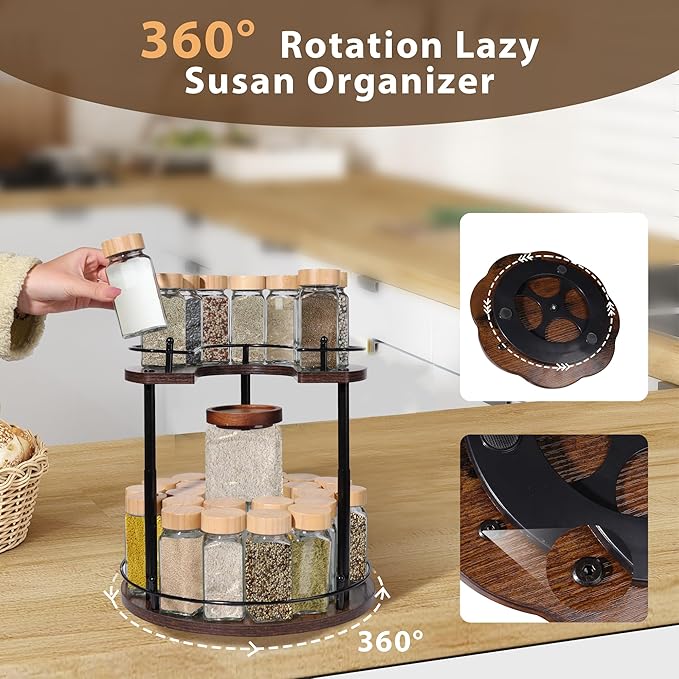 2-Tier Lazy Susan Spice Rack Organizer, Height Adjustable Rotating Turntable for Cabinet, Kitchen Countertop & Pantry, 12 Inch Wooden Spice Storage Rack, Compact & Versatile Design, Rustic Brown