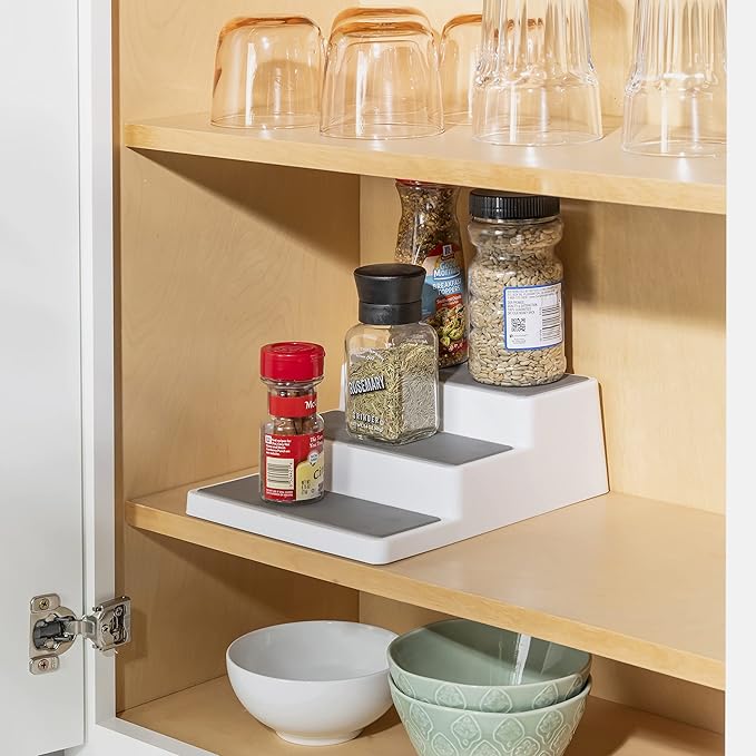 Home Basics 3 Tier Plastic Seasoning Rack with Rubber Lined Shelves, White Multi-Purpose Step Style Spice Organizer for Cabinets, Countertops and Pantries