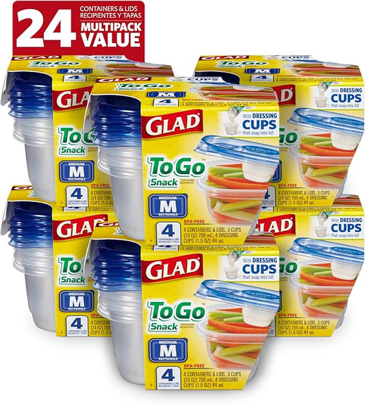 GladWare To Go Snack Food Storage Containers, Medium Rectangle, Holds 24 Ounces of Food, 4 Count - 6 Pack