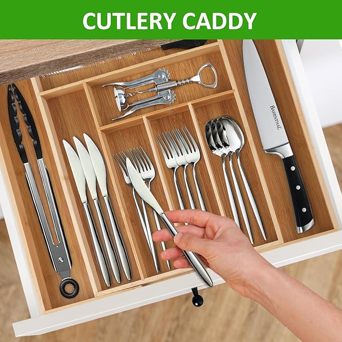 Expandable Silverware Drawer Organizer, Bamboo Kitchen Organizers and Storage, Adjustable Silverware Organizer, Utensil Drawer Organizer for Kitchen Organization (6-8 Slots)