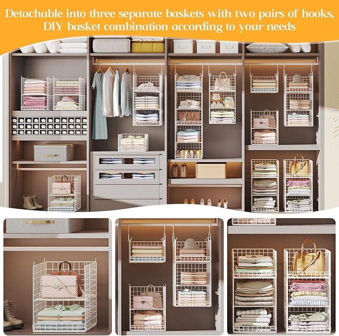 ﻿5 Tier Hanging Closet Organizer Separable Hanging Closet Shelves with 4 Hooks 2 Adjustable Dividers, Wire Storage Basket Bins for Clothing Sweaters Socks Dolls Handbags, Foldable