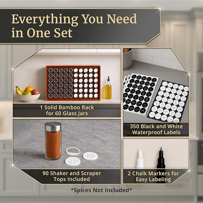 BOURBON & BARREL Wooden Spice Rack Organizer with Glass Jars | Stainless Steel Lids | Bamboo Countertop Spice Organization | 350 Waterproof Spice Labels | 2 Chalk Markers | 60 4oz Jars [Walnut]
