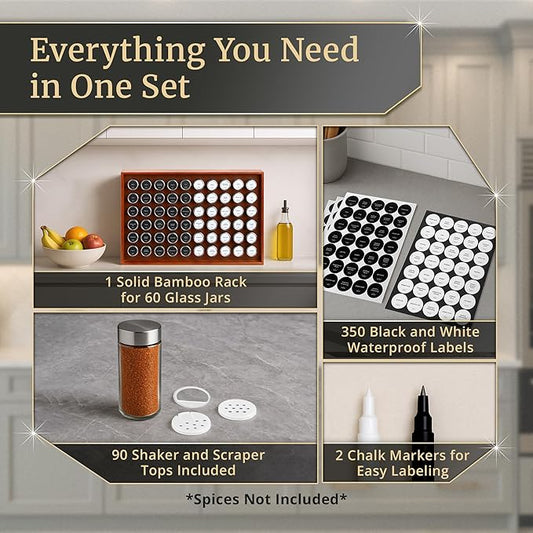 BOURBON & BARREL Wooden Spice Rack Organizer with Glass Jars | Stainless Steel Lids | Bamboo Countertop Spice Organization | 350 Waterproof Spice Labels | 2 Chalk Markers | 60 4oz Jars [Walnut]