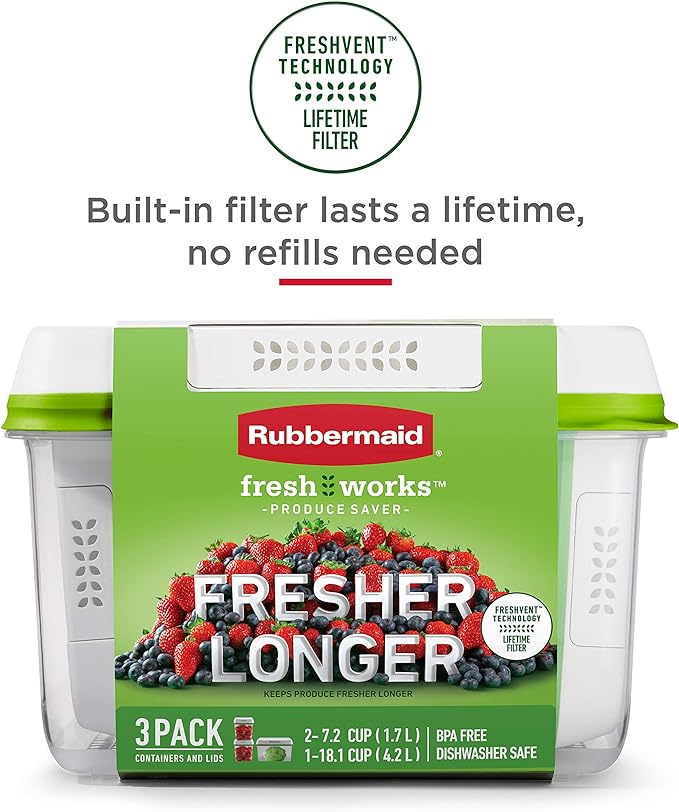Rubbermaid 2114738 FreshWorks Saver, Medium Short Produce Storage Containers, 2-Pack, 4.6 Cup, Clear