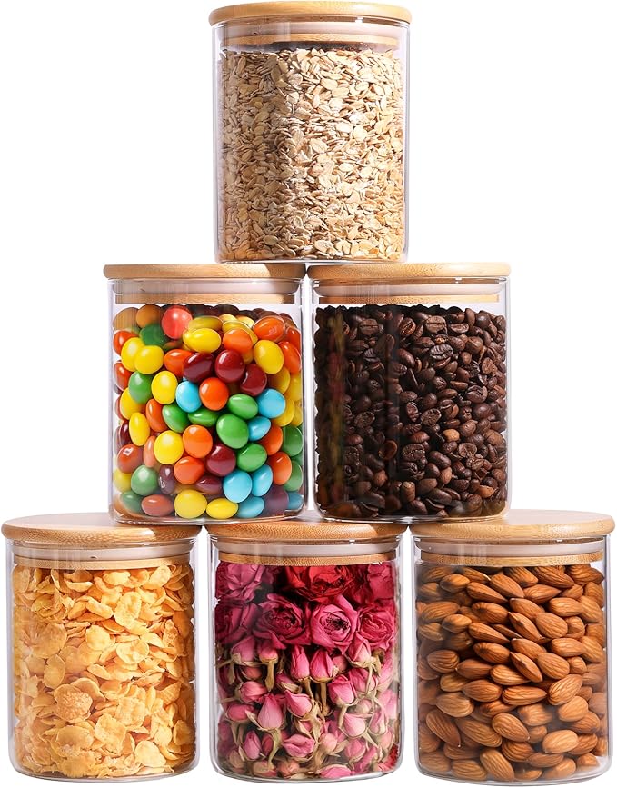 ComSaf 25oz Glass Food Storage Jars Set of 6, Clear Glass Storage Containers with Lids, Pantry Organization Jar, Spice Jar, Blooming Tea, Coffee and Sugar Container, Small Canister Set for Kitchen