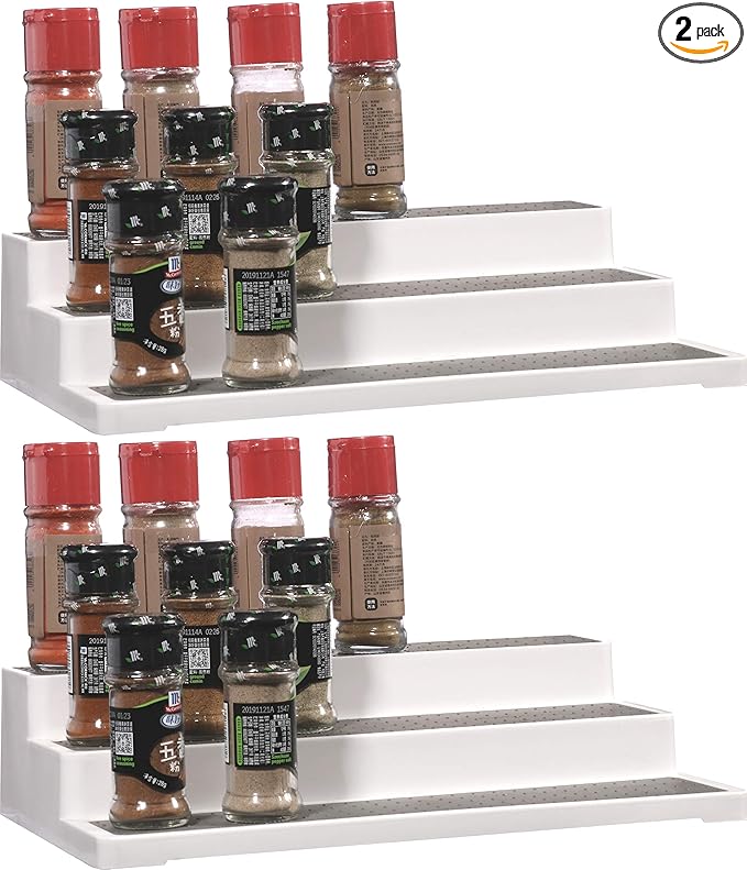 Cq acrylic 2 Pack Spice Rack Organizer for Pantry,14.5 Inch Tiered Seasoning Can Shelf Organizer For Cabinet,White