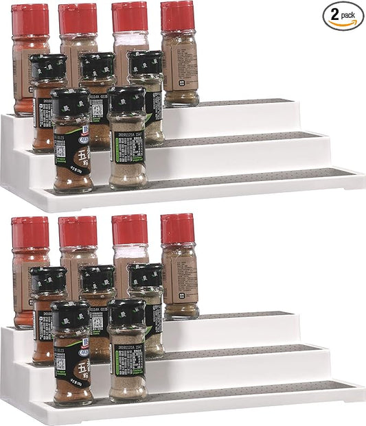 Cq acrylic 2 Pack Spice Rack Organizer for Pantry,14.5 Inch Tiered Seasoning Can Shelf Organizer For Cabinet,White