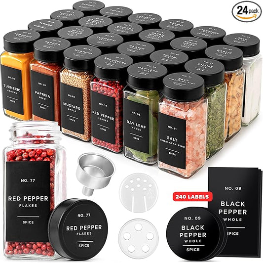 Glass Spice Jars with Label and Black Lids (24 x 4oz) Spice Containers with 240 Labels, Shaker Inserts, Steel Funnel, Empty Square Empty Square Seasoning Organizer