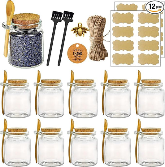 Ahhute Glass Sugar Scrubs Jars, Bath Salt Container 8oz, Salt Cellar with Spoon, Honey Scrubs Jars w/Lids, Labels and Cleaning Brush, Set of 12