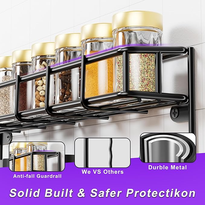 SUFAUY 2pcs Wall Spice Rack for Kitchen, 3 Tier Pantry Door Spice Rack Organizer Wall Mount, Black