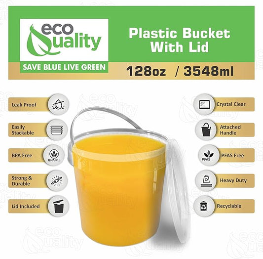 1 Gallon (128 oz) Clear Plastic Bucket with Lid and Handle (1 Pack), Ice Cream Tub with Lids - Food Grade Freezer and Microwave Safe Food Storage Containers, Round Plastic Pail Container, BPA Free