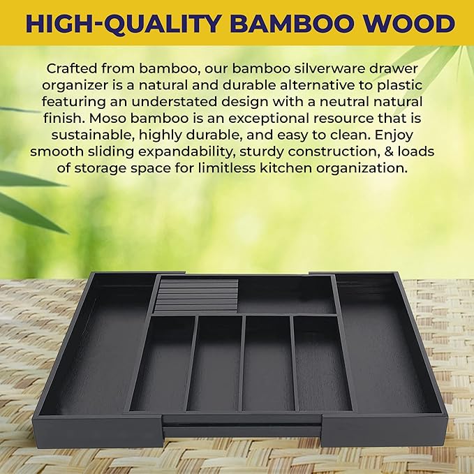 Bamboo Wood Drawer Organizer With Dividers and Removable Knife Block - Silverware and Kitchen Organizer - 12.75-22 x 17 x 2 In (Black)