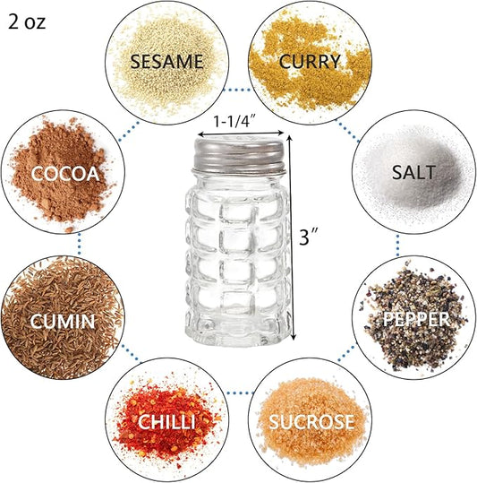 Jucoan 16 Pack Retro Style Glass Salt and Pepper Shakers with Stainless Steel Top, 2 oz Small Glass Spices Shakers Seasoning Bottle Jars for Kitchen Restaurant Wedding BBQ Party Camp Travel