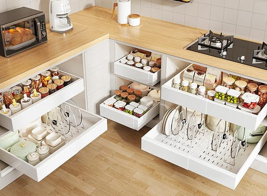 6 Pack Pull out Cabinet Organizer 21"Deep with Raising Pad for Framed Cabinets, Expandable Slide out Drawers for Kitchen Cabinets with 6pcs Divider Racks, Roll out Shelves 12.1"-20.4" W White