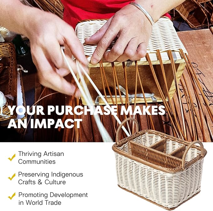 Cabilock Wicker Flatware Organizer, Cutlery Holder for Countertop, Woven Cutlery Storage with Handles, 4 Compartments Utensil Tableware Basket