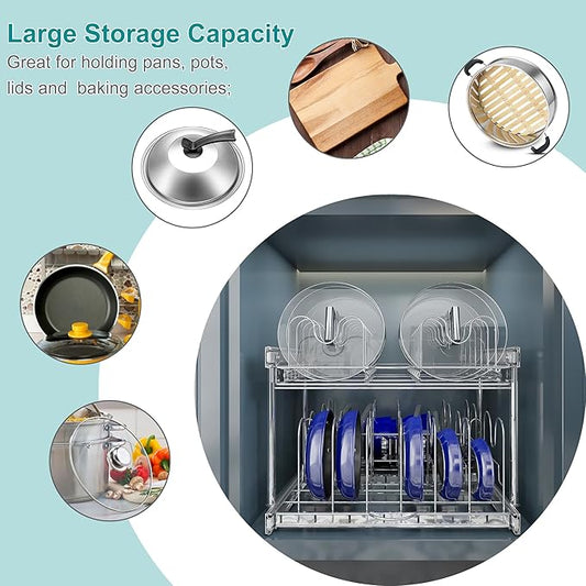 TQVAI Pots and Pans Organizer Expandable Pot Lid Holder Pull Out Kitchen Cabinet Organizer Sliding Pantry Shelves, Cabinet Request at Least 23.5" W x 23.5" D x 23.5" H, Chrome