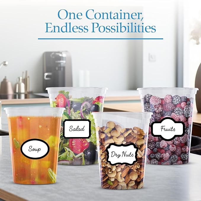 [50 Sets] 32 oz Deli Containers with Lids & Two (2) Label Sheets - Leakproof BPA-Free Plastic, Reuseable & Stackable Deli Containers with Lids 32 oz - Freezer and Dishwasher Safe (50)