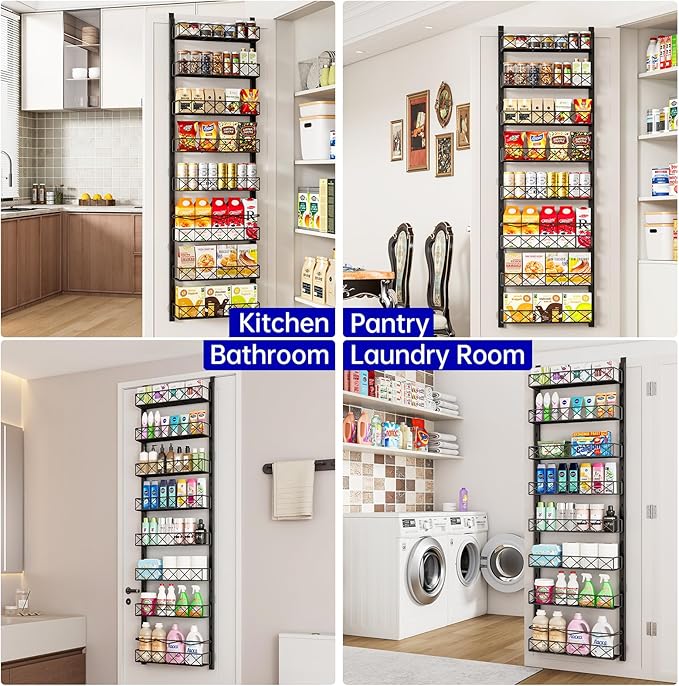 Over the Door Organizer, Black 8-Tier Pantry Door Organizer with Adjustable Basket, Hanging Spice Rack Cabinet Door Shelves, Laundry Room Organization and Storage