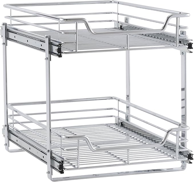Household Essentials Glidez Multipurpose Chrome-Plated Steel Pull-Out/Slide-Out Basket Storage Organizer for Under Cabinet Use - 2-Tier Design - Fits Standard Size Cabinet or Shelf, Chrome