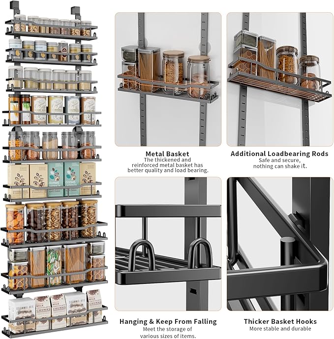 Over The Door Pantry Organizer, 9-Tier Over The Door Organizer with Adjustable Baskets, Metal Hanging Spice Rack for Pantry Organizers and Storage, Suitable for Kitchen Laundry Room & Bathroom, Black