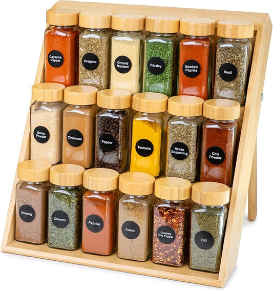 Extra Sturdy 3-Tier Bamboo Spice Rack – 12" W x 10" D x 13" H – Foldable Non-Slip Wooden Spice Organizer for Countertop, Cabinet & Drawer – Includes Labels, Funnel & Hooks