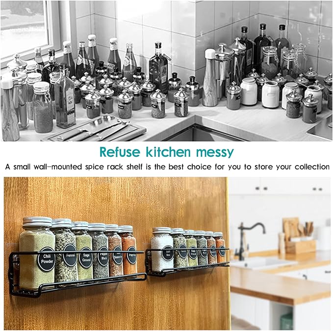 4Pcs Spice Rack Wall Mount Space Upgrade of Bolded Saving Spice Organizer for Spice Jars and Seasonings,Screw or Adhesive Hanging Spice Shelf Rack Organizer for Kitchen Cabinet Pantry Door
