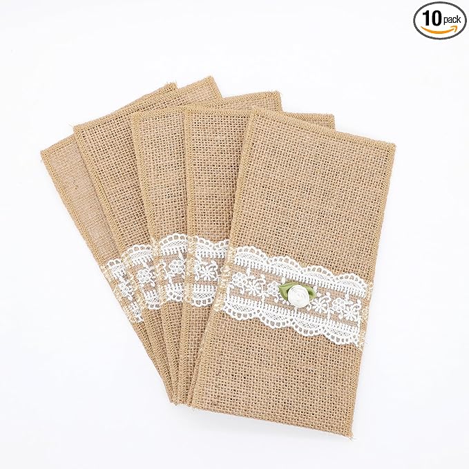 AOKQYA Wedding Utensil Holders - White Rose Lace Burlap Flatware Pouch for Cutlery Table Setting Set of 10 (Rose)