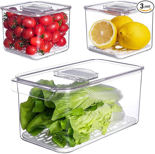 vacane Fresh Produce Saver for Refrigerator, 3 Pcs Food Fruit Lettuce Keeper Containers, Salad Vegetable Storage Organizers Stackable, BPA-free Stay Fridge Storage Containers