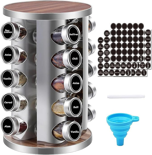 WAYDA Rotating Spice Rack Organizer, 20 Jars Revolving Seasoning Organizer for Cabinet, Stainless Steel Spice Tower for Kitchen Countertop with Reuseable Labels and Funnel