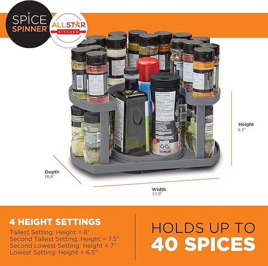 Allstar Innovations Spice Spinner Two-Tiered Spice Organizer & Holder That Saves Space, Keeps Everything Neat, Organized & Within Reach With Dual Spin Turntables- Grey