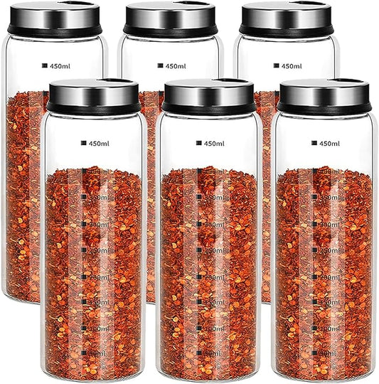 15 oz Salt and Pepper Shakers Set with Adjustable Outlet Holes Clear Glass Bottles Spice Seasoning Cans Jar for Kitchen Decor and Home Restaurant BBQ Camping Farmhouse(6 Pcs, 450 ML)