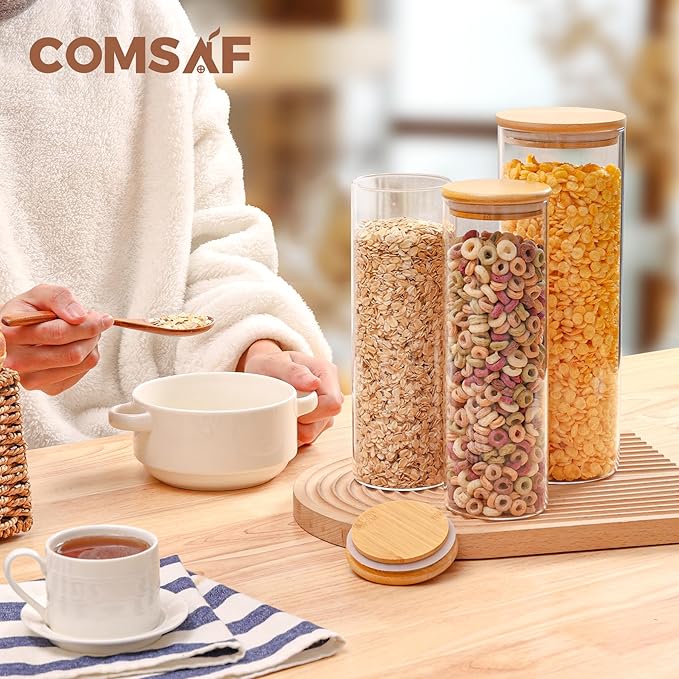 ComSaf Glass Food Storage Jars Set of 6, Tall Glass Storage Containers with Lids, Spaghetti Jar, Canisters Set for the kitchen, Pasta, Flour, Nuts, Oat, Coffee and Sugar Container, Pantry Organization