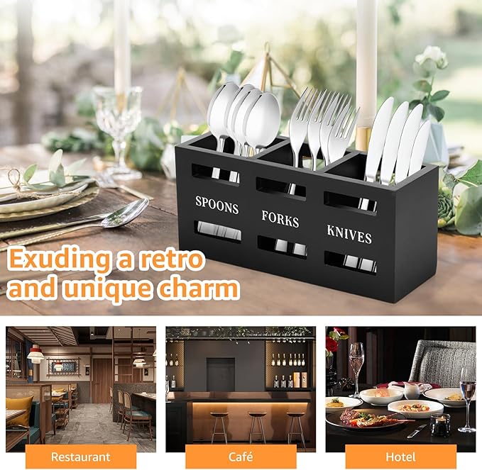 Silverware Caddy, Wood Utensil Caddy with 3 Compartments, Large Capacity Silverware Holder, Multipurpose Utensil Holder, Flatware Caddy, Stylish Cutlery Holder for Forks Spoons Cutters (Black)
