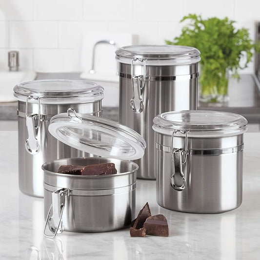 Oggi Stainless Steel Canister Set 4pc w/ Airtight Acrylic Lid & Clamp
