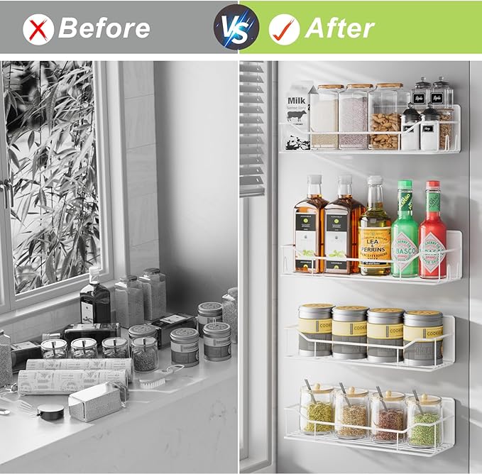 Magnetic Spice Rack for Refrigerator, 4 Pack Metal Strong Magnet Spice Organizer Shelves, Magnetic Fridge Shelf for Kitchen Seasoning Organizer Gadgets, Home Organization and Storage (White)