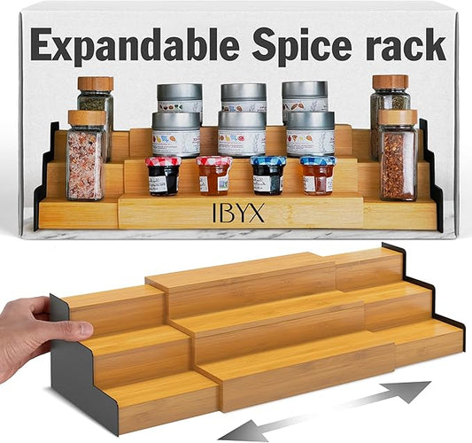 Ibyx Premium 3-Tier Spice Rack Organizer for Cabinet - Expandable Bamboo Spice Storage - Non-Skid Countertop Step Spice Shelf - Great for Kitchen Cabinet, Countertop, Cupboard, Pantry (Natural)