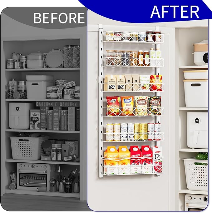 Over the Door Organizer, White 6-Tier Pantry Door Organizer with Adjustable Basket, Hanging Spice Rack Cabinet Door Shelves, Laundry Room Organization and Storage