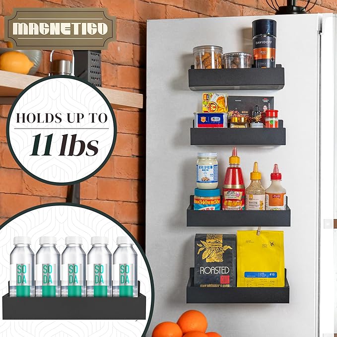 4-Pack Magnetic Spice Rack Set with Hooks, Grocery Notepad & Pen - Space-Saving Kitchen Organizer for Spices & Jars