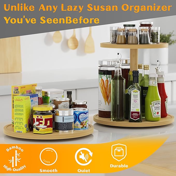Lazy Susan Organizer Homerays 9 Inch Non-Skid Bamboo Lazy Susan for Kitchen Rotating Spice Rack for Kitchen Cabinet, Wood Turntable for Kitchen Countertop Organizer