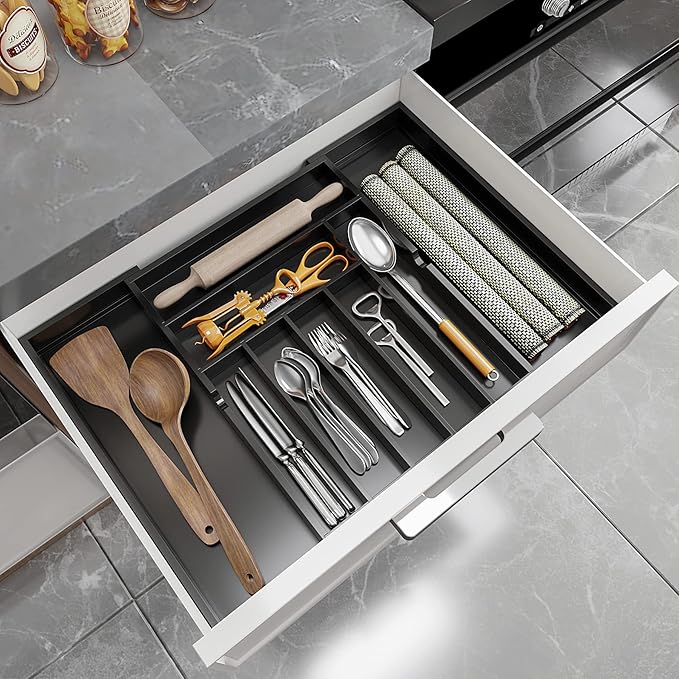 BAMEOS drawer organizer flatware organizer cutlery tray silverware organizer expandable adjustable bamboo drawer organizer kitchen bathroom