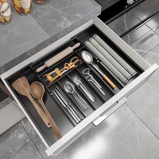 BAMEOS drawer organizer flatware organizer cutlery tray silverware organizer expandable adjustable bamboo drawer organizer kitchen bathroom